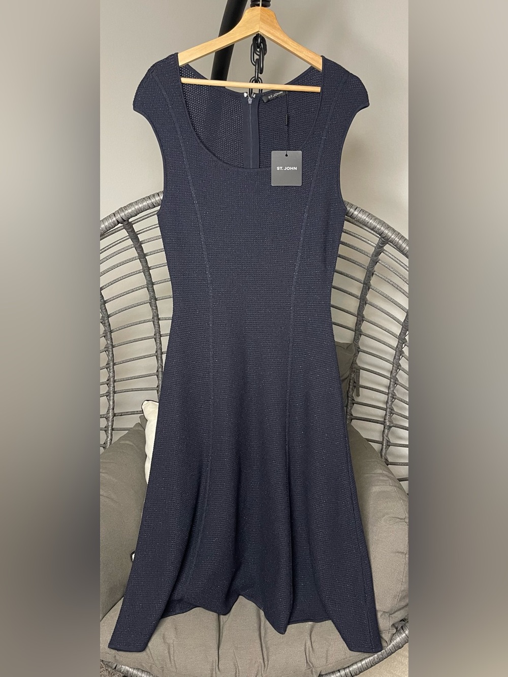 St. John Dark Navy Textured Scoop Neck Fit-and-Flare Dress